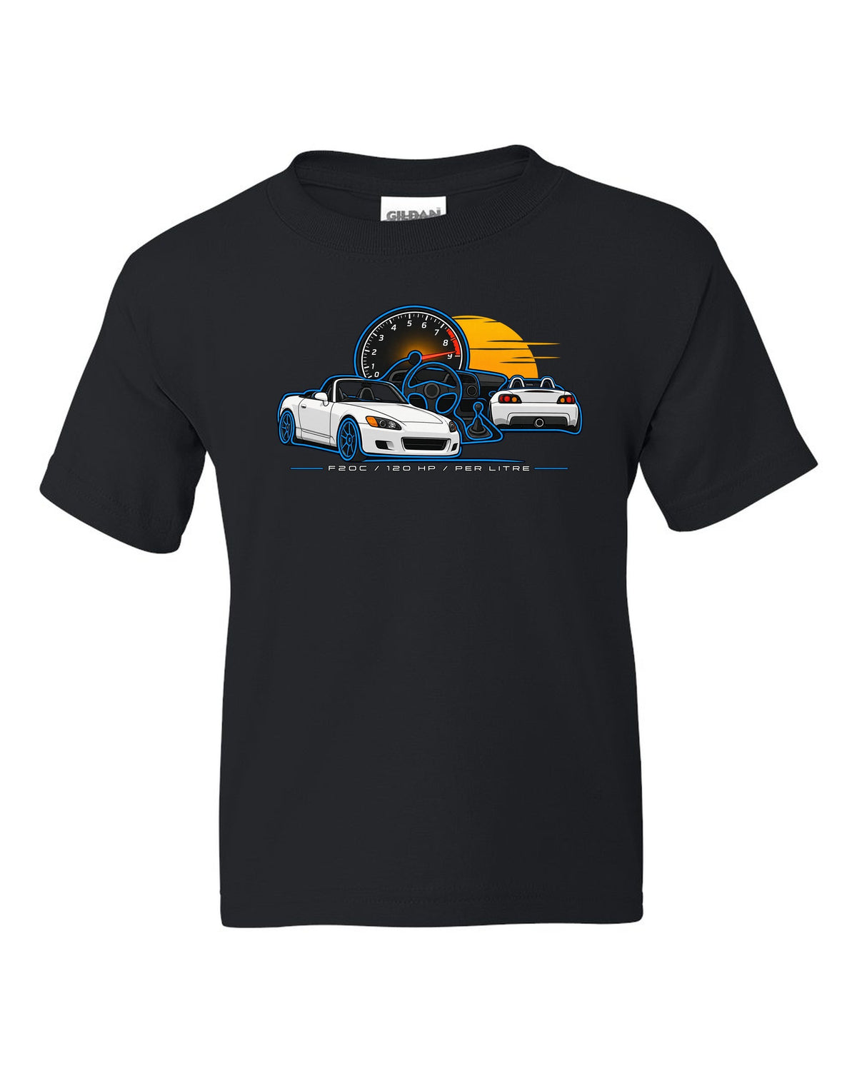 Minimal single-line contour print of a 1999 Honda S2000 AP1 with F20C 120 HP Per Litre lettering black kids tee front view with the design