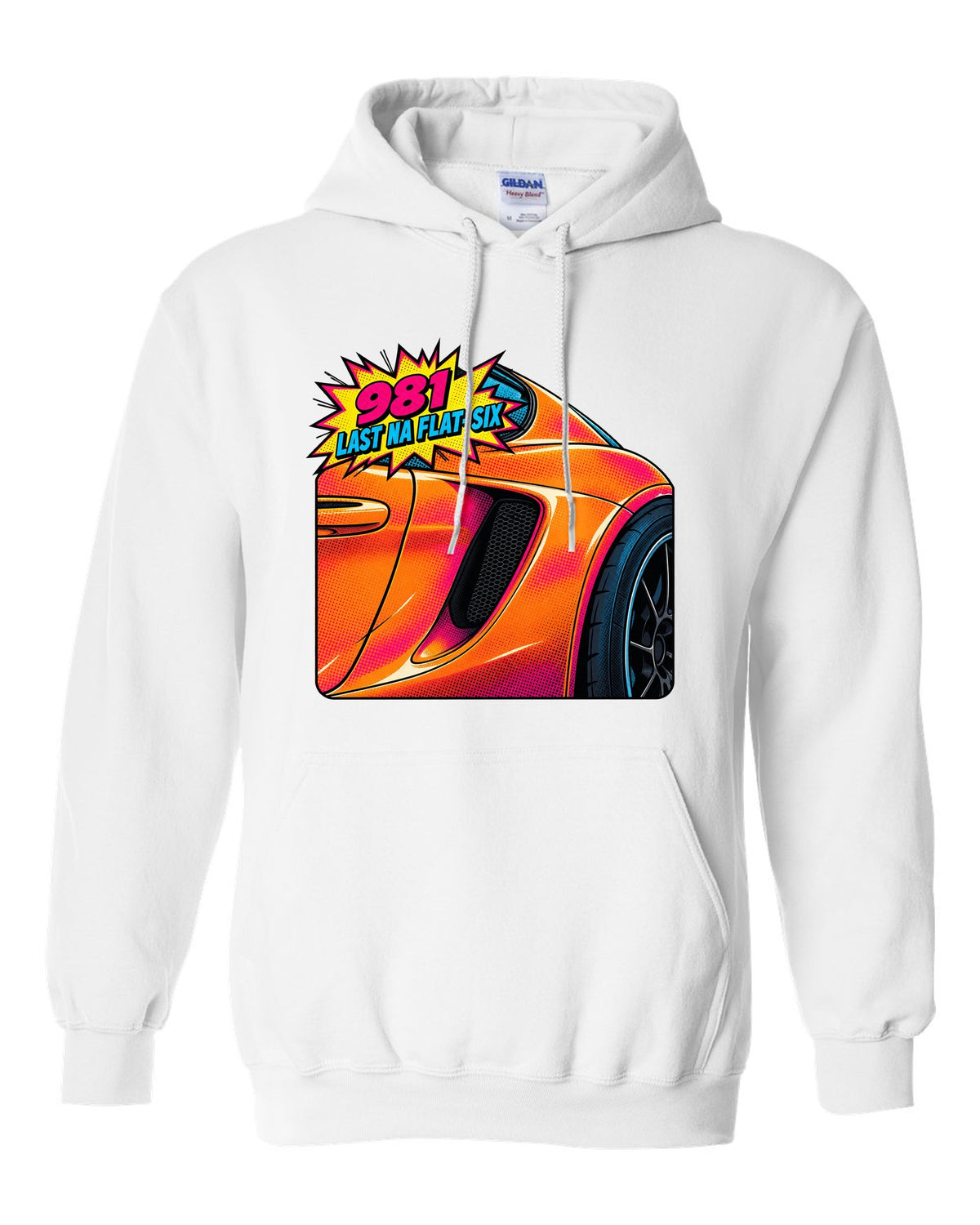 Pop-art halftone print of a Porsche 981 Cayman GTS intake with the text 981, last NA flat-six white pull over hoodie front view with the design