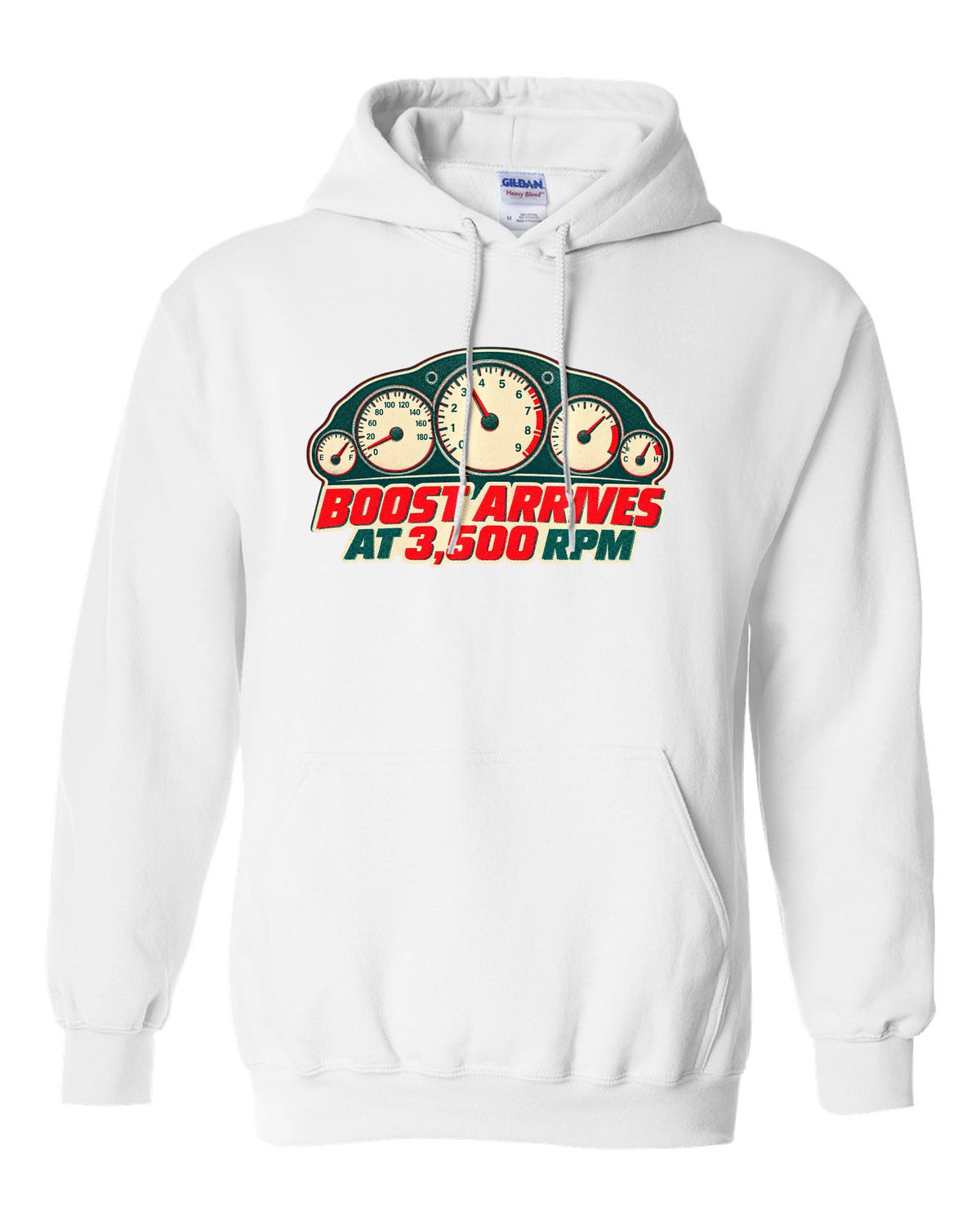 Risograph two-colour print of a tachometer for the Nissan Skyline GT-R R33 BCNR33 white pull over hoodie front view with the design