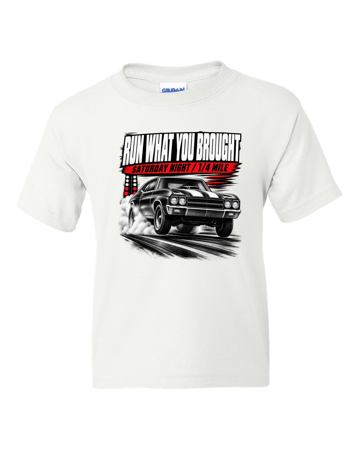 Race-poster print of a 1970 Chevrolet Chevelle SS with run w you brought and quarter mile text white kids tee front view with the design