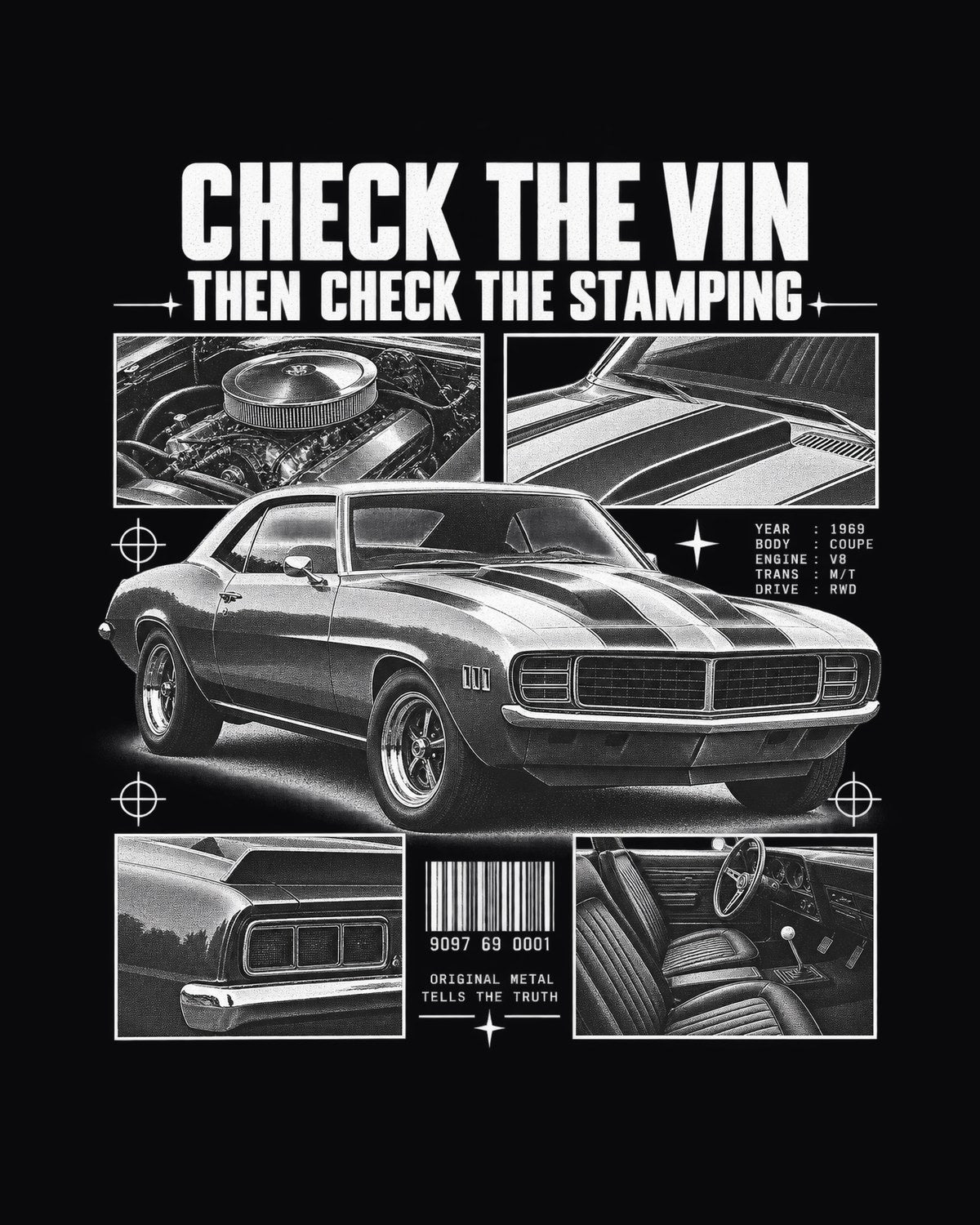 Check the VIN 1969 Camaro First-Gen Dossier Tee, Buyer Guide design only