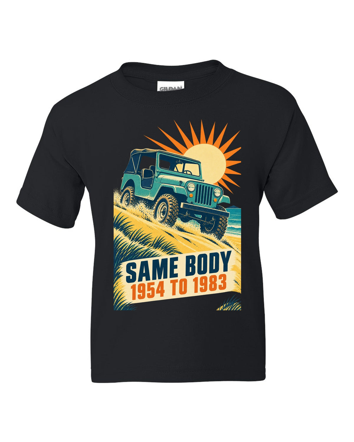 Vintage race poster print of a Jeep CJ-5 climbing a dune black kids tee front view with the design