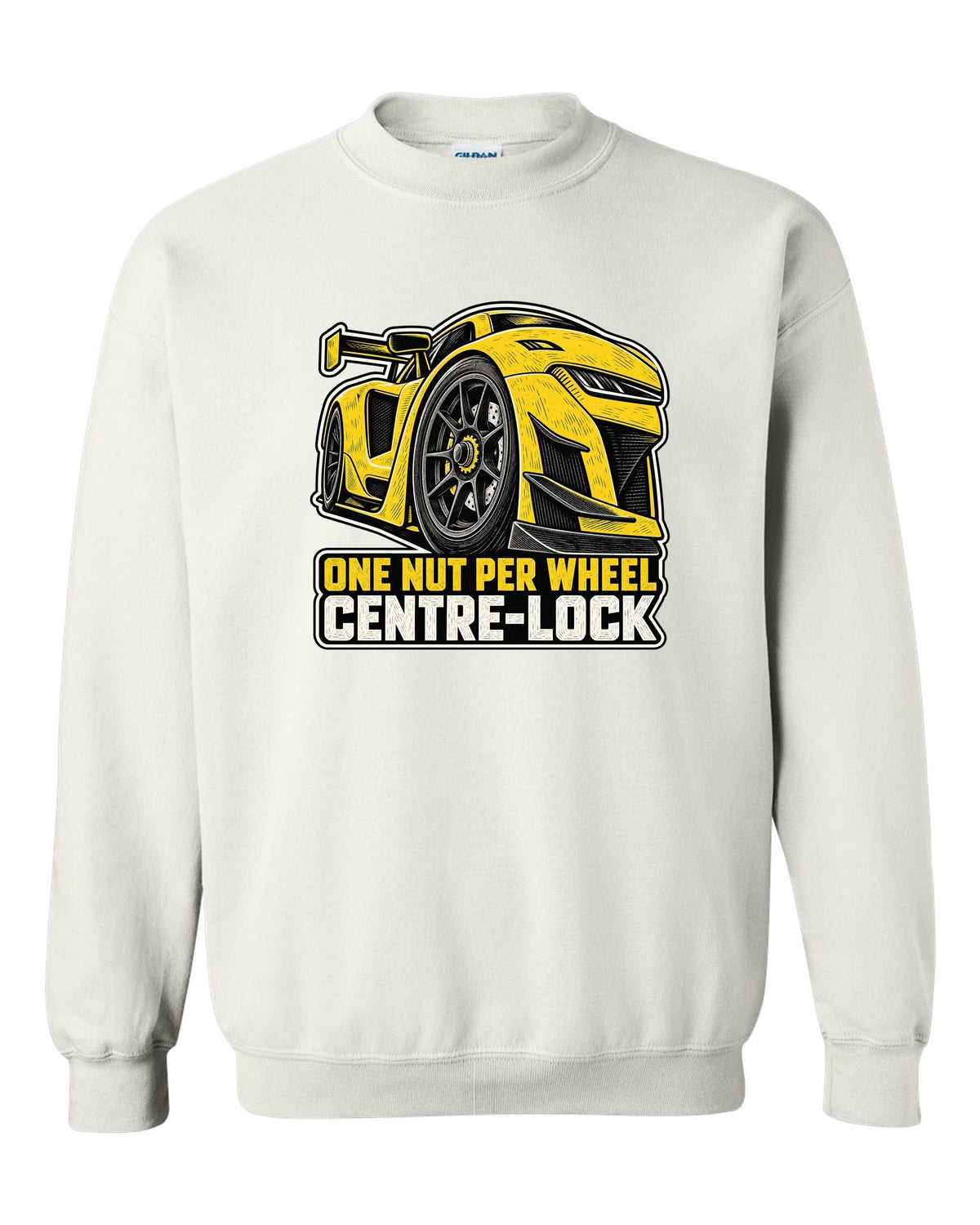 Risograph duotone design of a Corvette C8.R race car with large rear wing white crewneck front view with the design