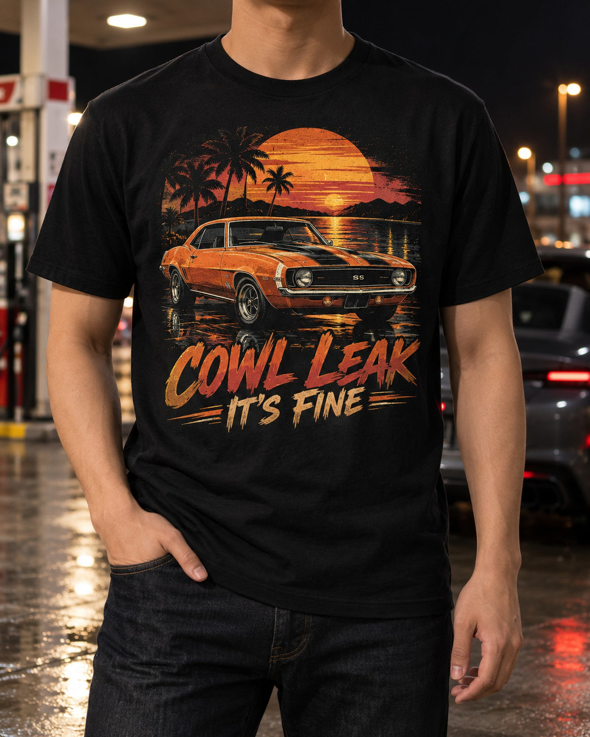 1969 Chevrolet Camaro First-Gen Sunset Shirt, Cowl Leak Joke T-Shirt Black worn hero
