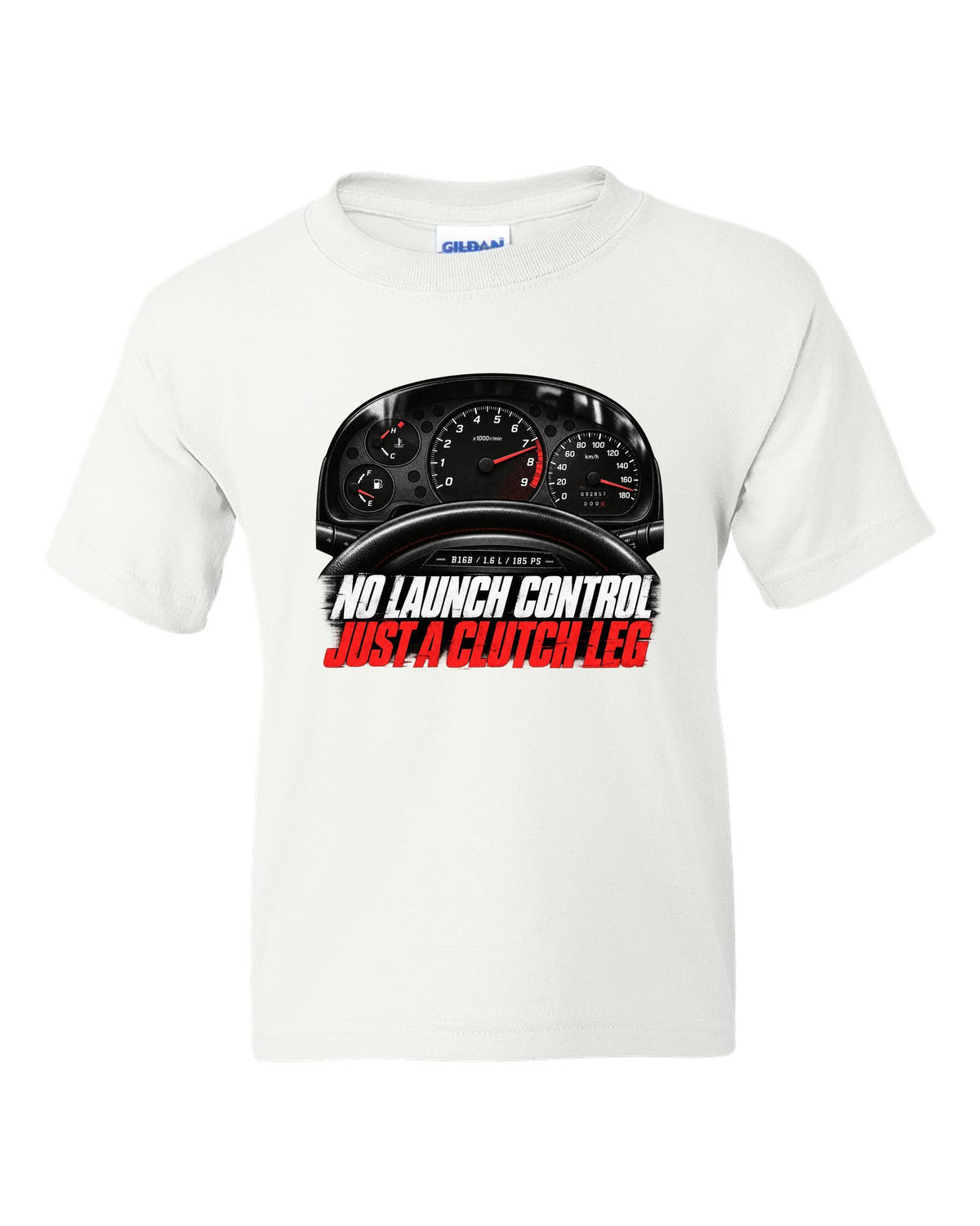 Cockpit gauge print of a 1997 Honda Civic EK9 chback with clutch leg text white kids tee front view with the design