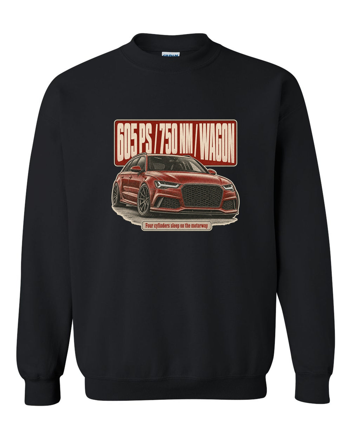 Audi RS6 Avant Performance C7 halftone statement print with 605 PS black crewneck front view with the design