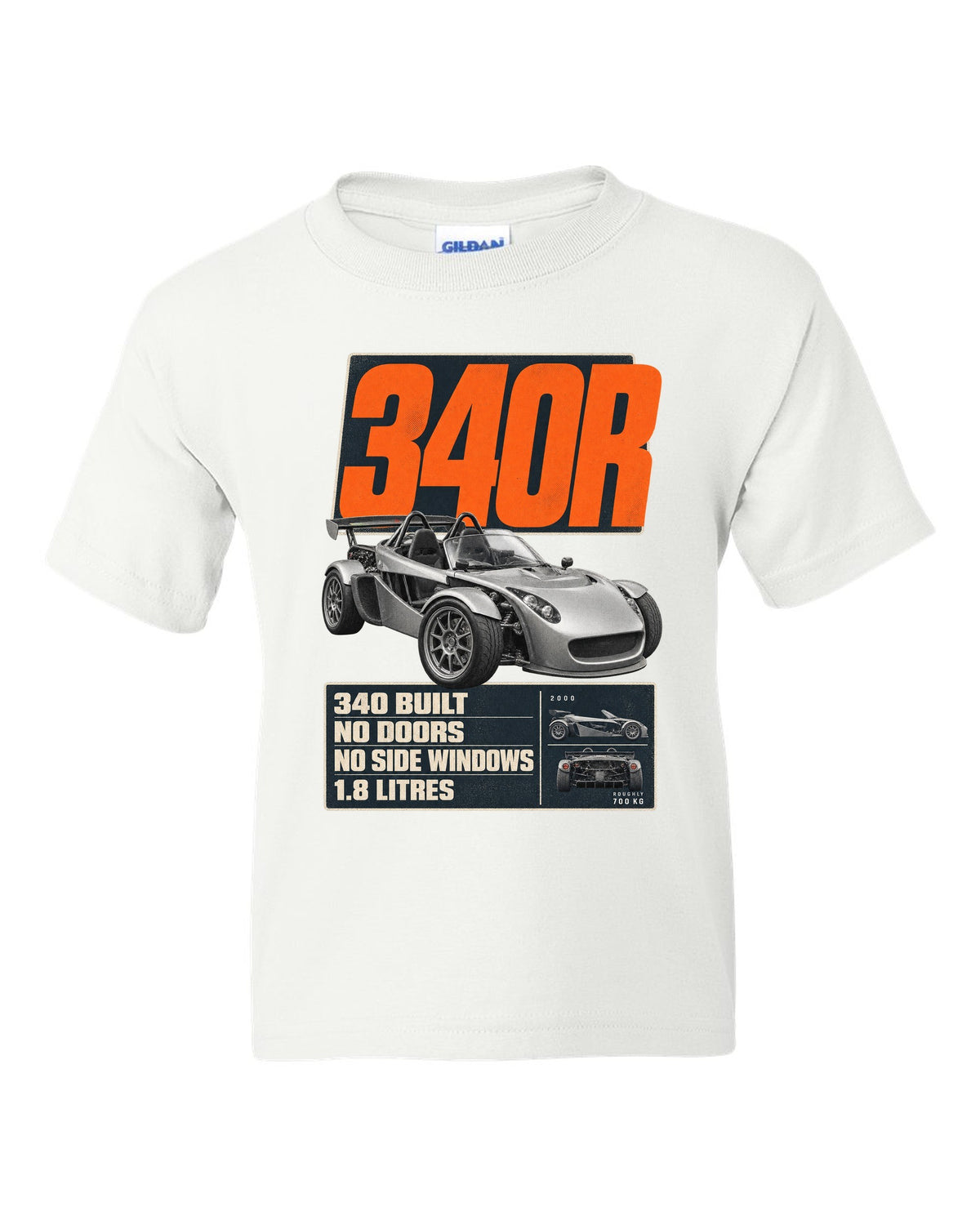 Lotus Elise 340R doorless roadster editorial headline print design white kids tee front view with the design