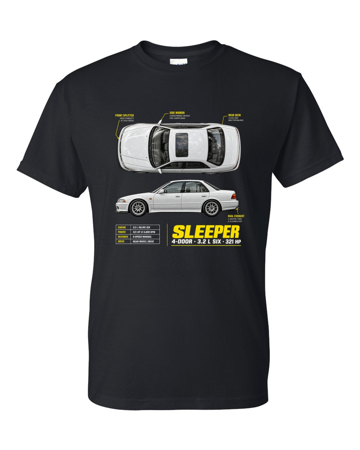 BMW E36 M3 sedan spec poster print with sleeper 4-door 3.2 L six and 321 HP text black t-shirt front view with the design