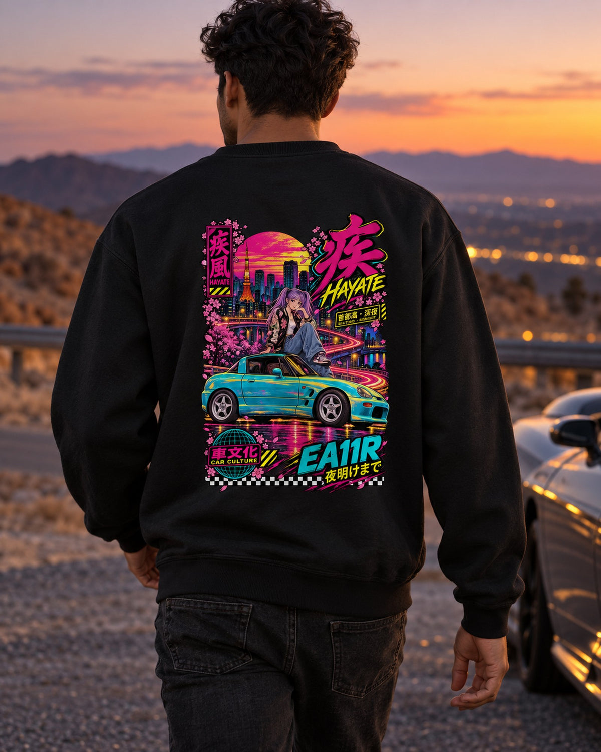 HAYATE EA11R Anime Girl Full-Back Graphic Tee Crewneck Black worn hero