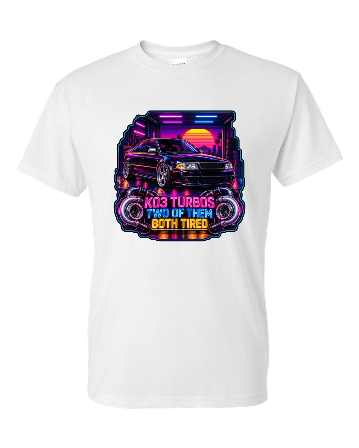 Synthwave print of an Audi S4 B5 sedan with K03 turbos text white t-shirt front view with the design