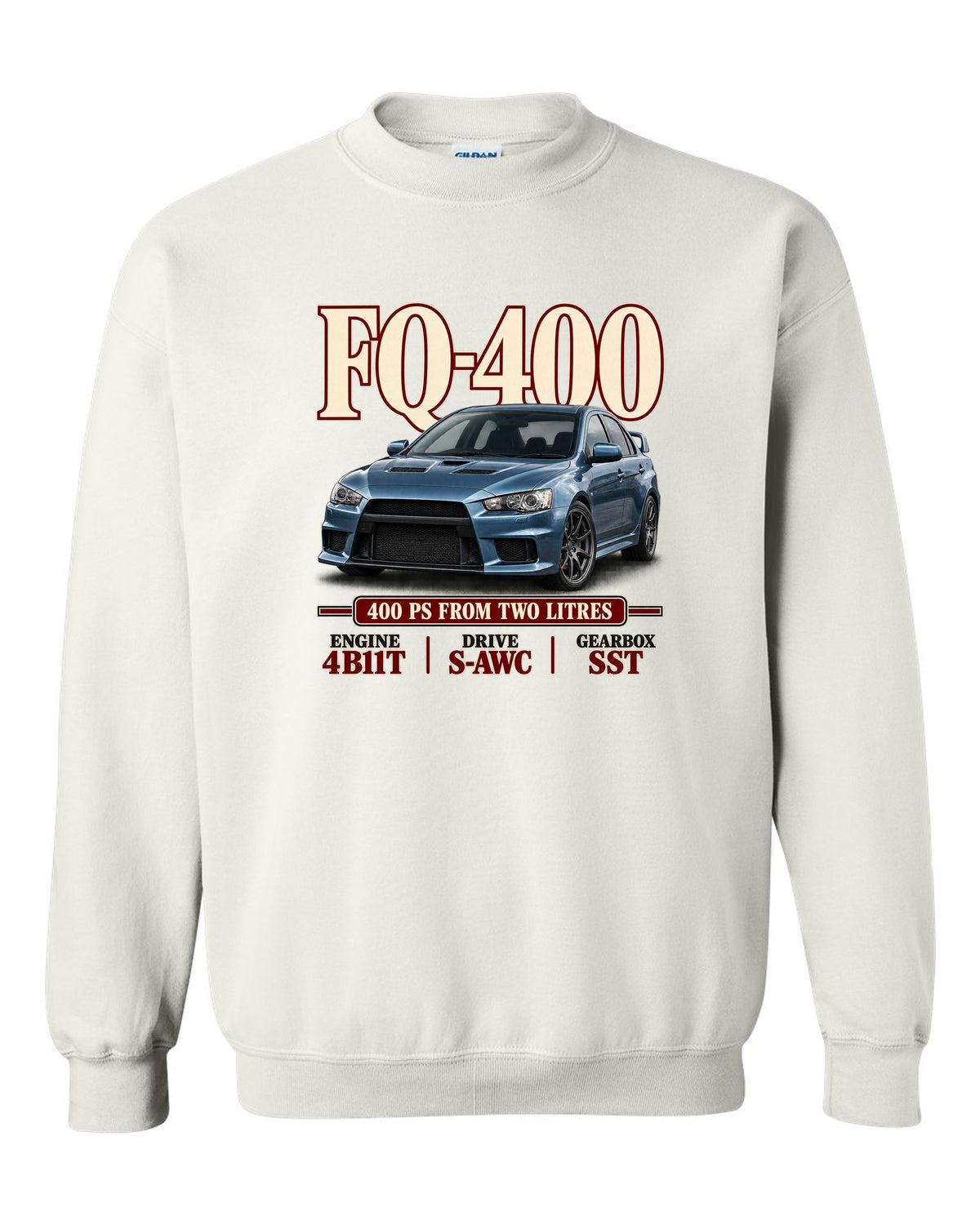 Mitsubishi Lancer Evolution X FQ-400 low front three-quarter archive panel print white crewneck front view with the design