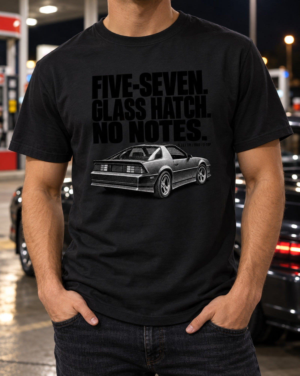 1989 Camaro IROC-Z Glass Hatch Halftone Shirt, Five-Seven T-Shirt Black worn hero