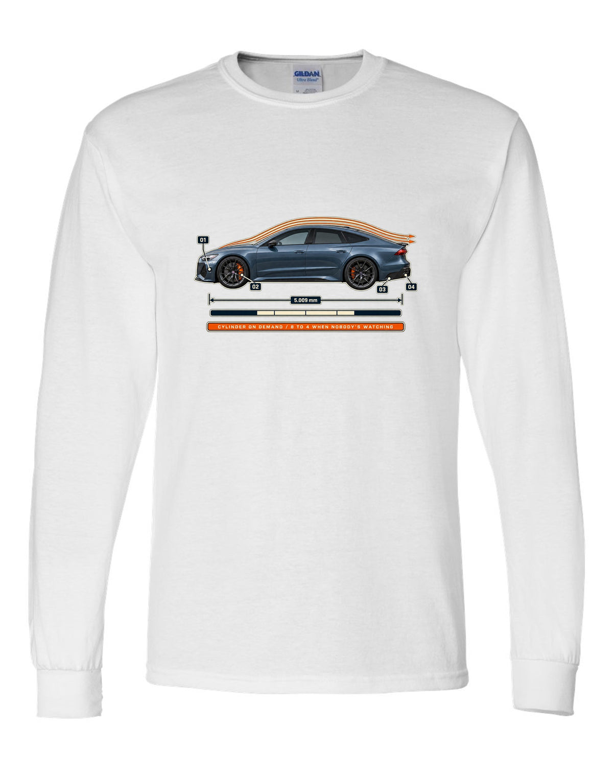 Aero callout print of an Audi RS7 Sportback C8 with cylinder on demand caption white long sleeve front view with the design
