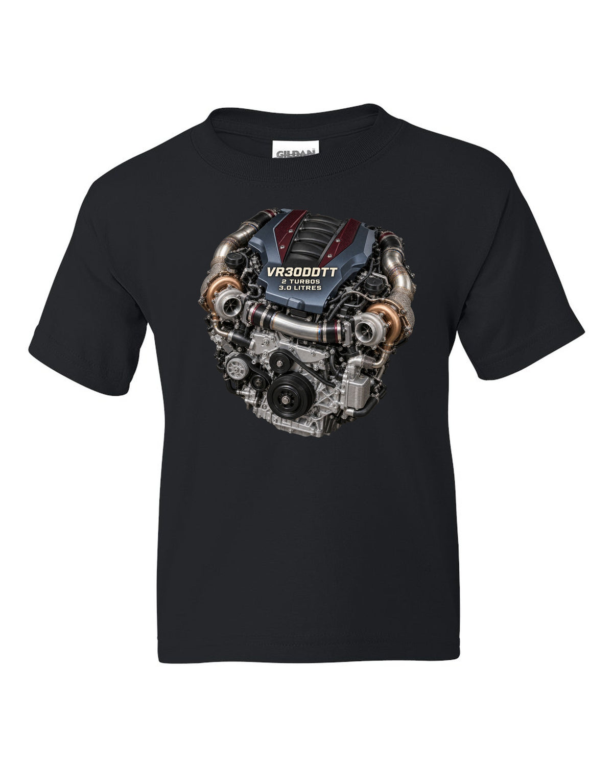 Hero image of a Nissan VR30DDTT twin-turbo V6 engine from the RZ34 Z black kids tee front view with the design