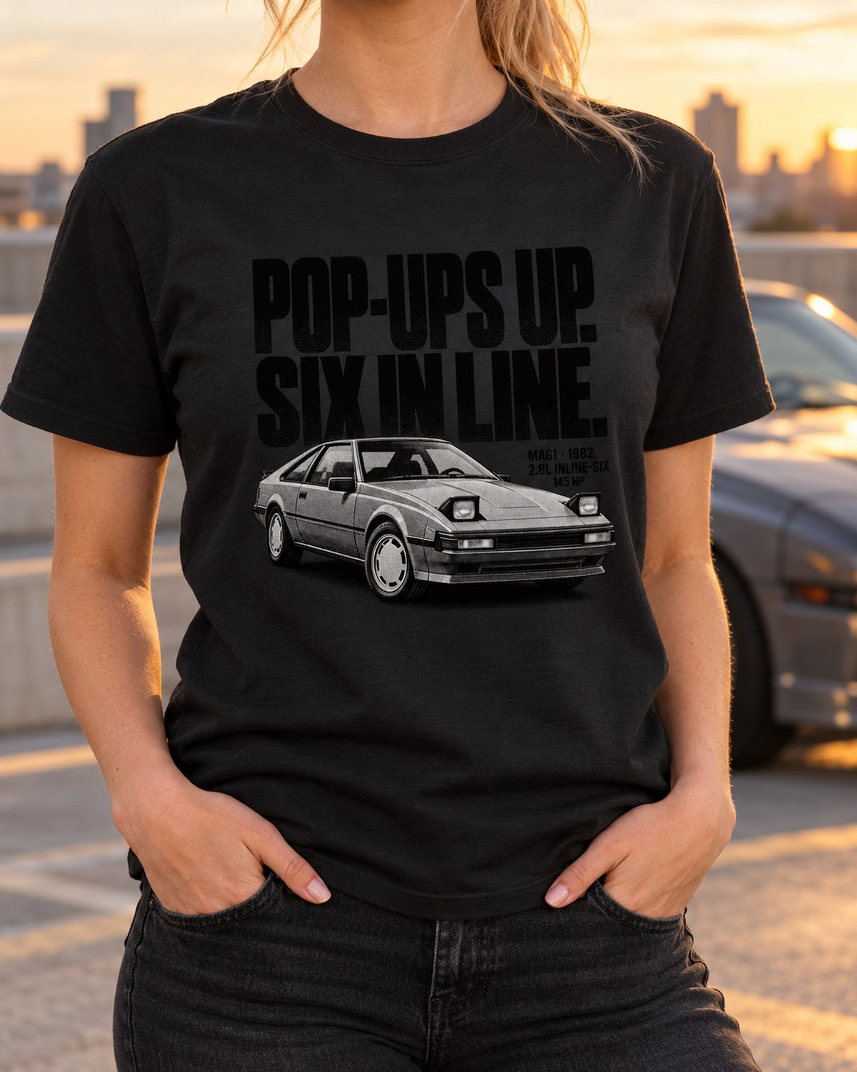 Pop-Ups Up, Six in Line Halftone Shirt, Toyota Supra A60 MA61 T-Shirt Black worn hero