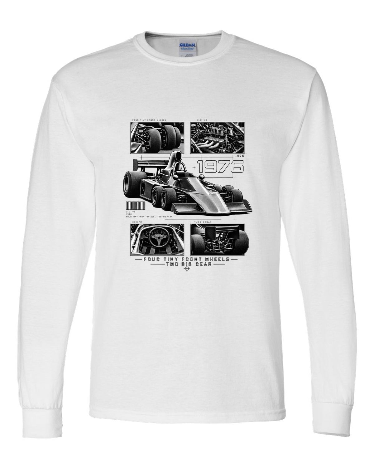 Tyrrell P34 six-wheel F1 car dossier panel print white long sleeve front view with the design