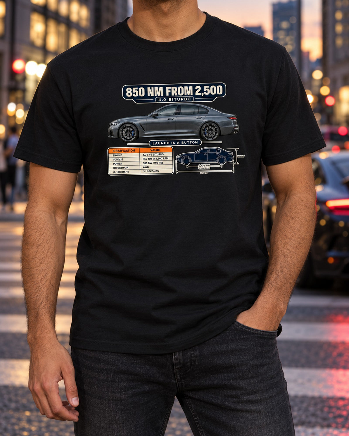 Mercedes-AMG E63 S W213 Facelift Torque Spec Poster Shirt, Nardo Grey T-Shirt Black worn hero