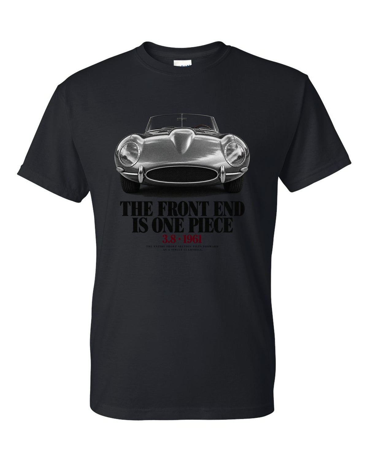 Jaguar E-Type Series 1 front end macro print black t-shirt front view with the design