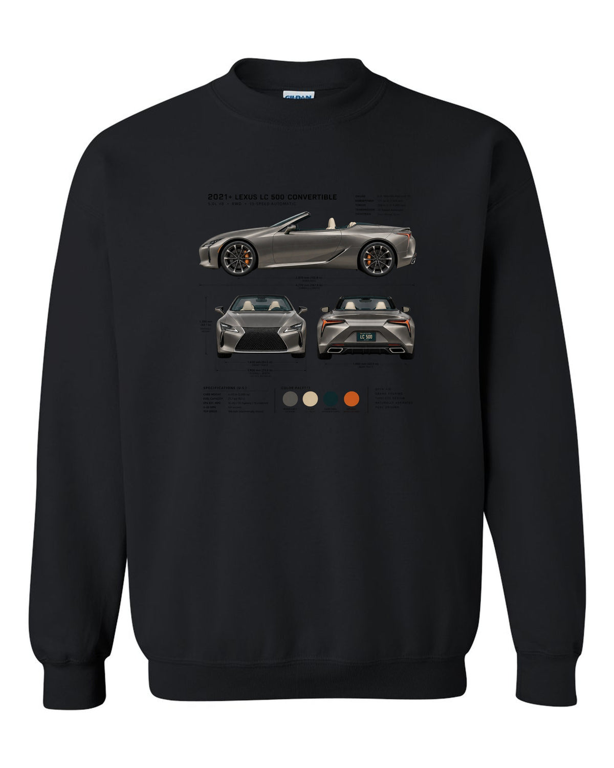 Three-view drawing of the Lexus LC 500 Convertible with spec table black crewneck front view with the design