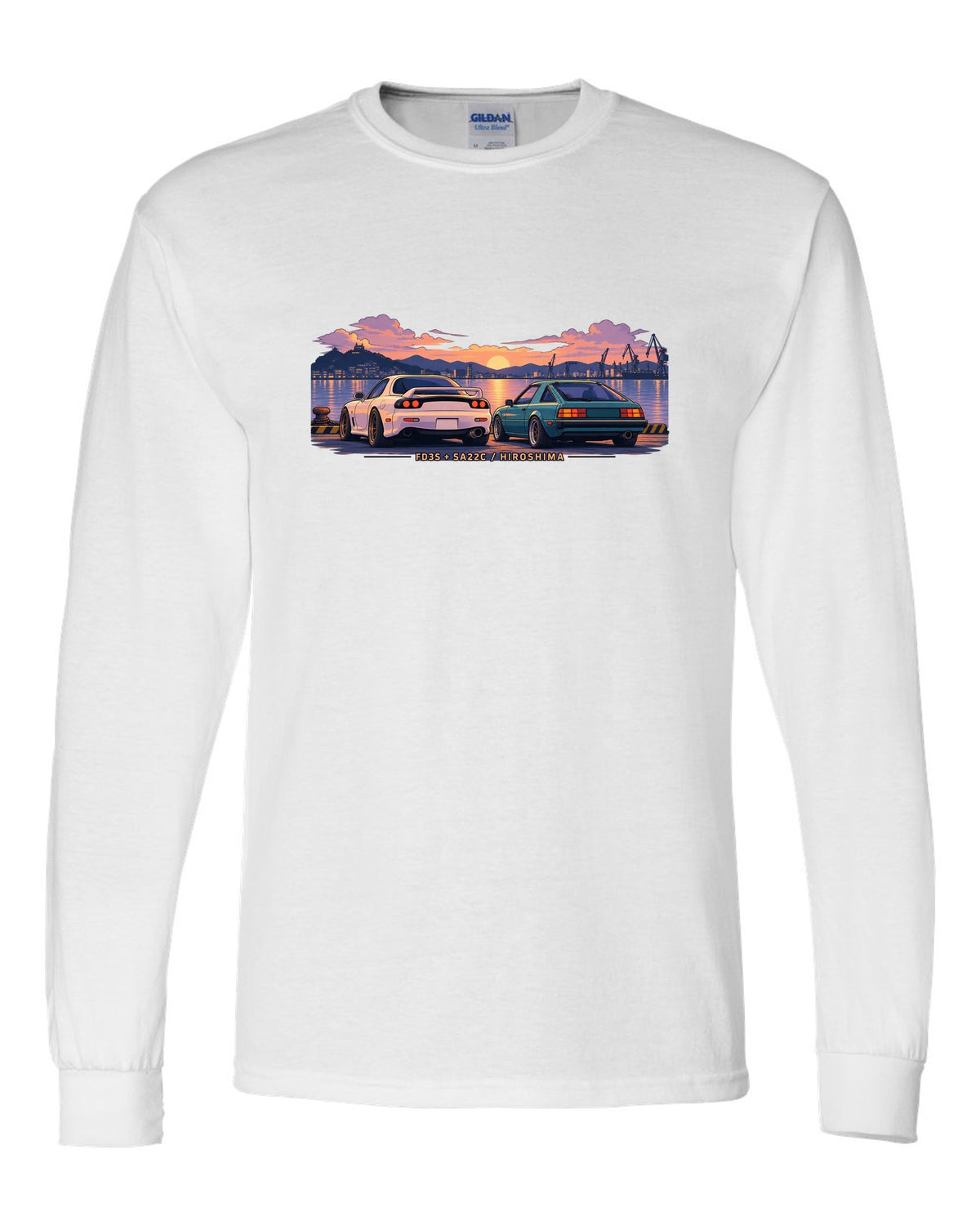Ukiyo-e woodblock illustration of a Mazda RX-7 FD3S on a touge hairpin with 50/50 / 1280 KG lettering white long sleeve front view with the design