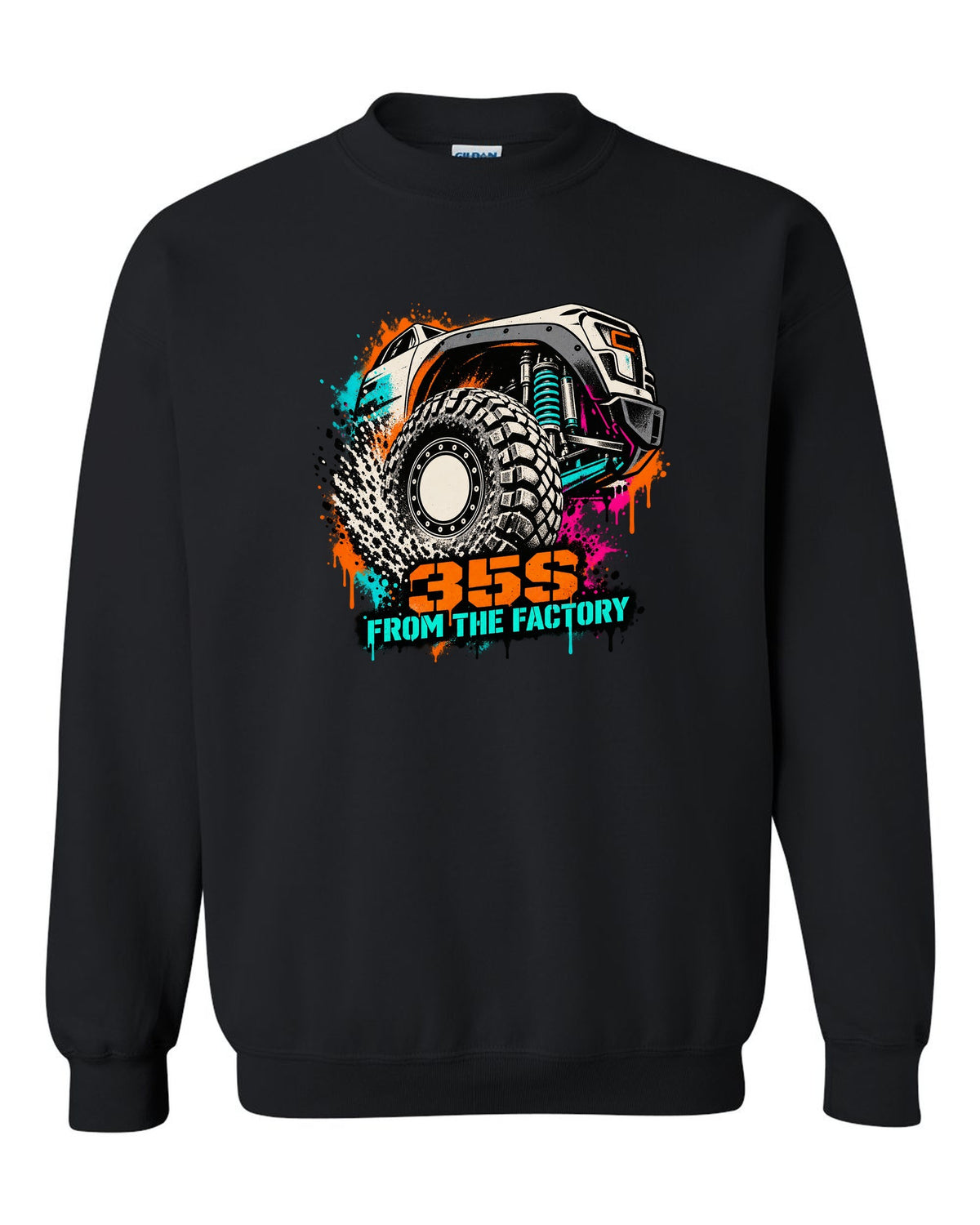 Stencil spray street art print of a Ram 1500 TRX wheel with 35S lettering black crewneck front view with the design