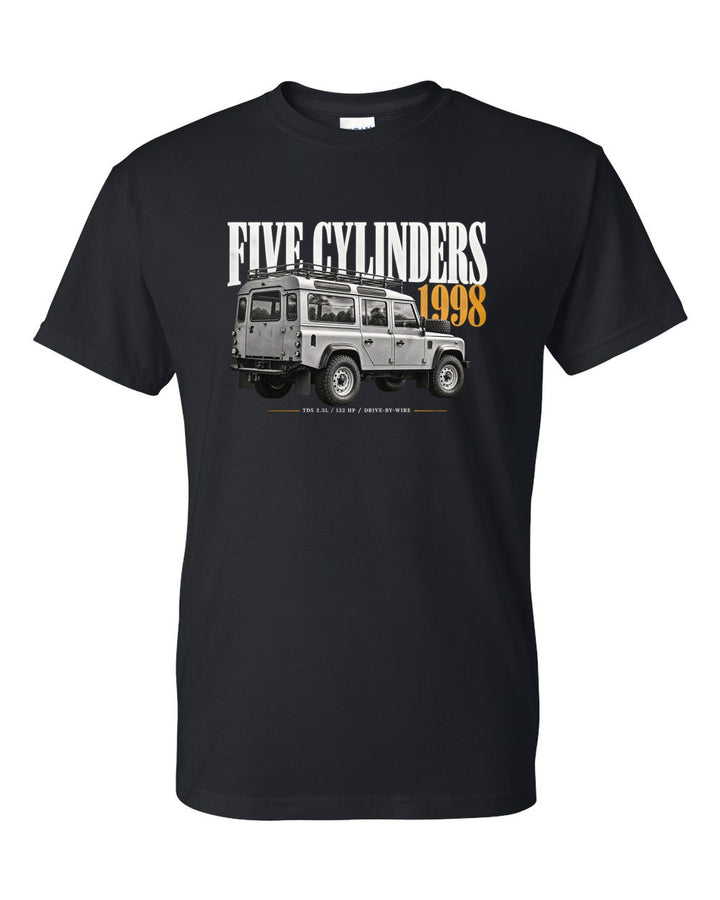 Land Rover Defender 110 Td5 editorial headline print black t-shirt front view with the design