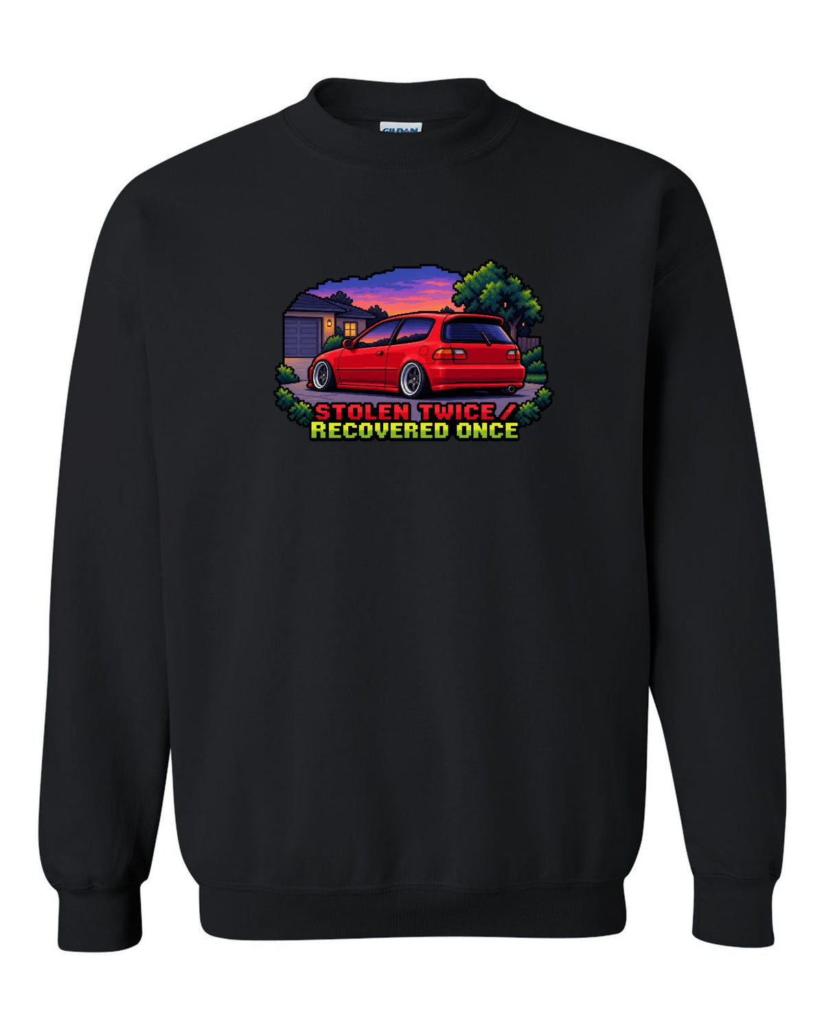 16-bit pixel art Honda Civic EG6 SiR print with stolen twice text black crewneck front view with the design