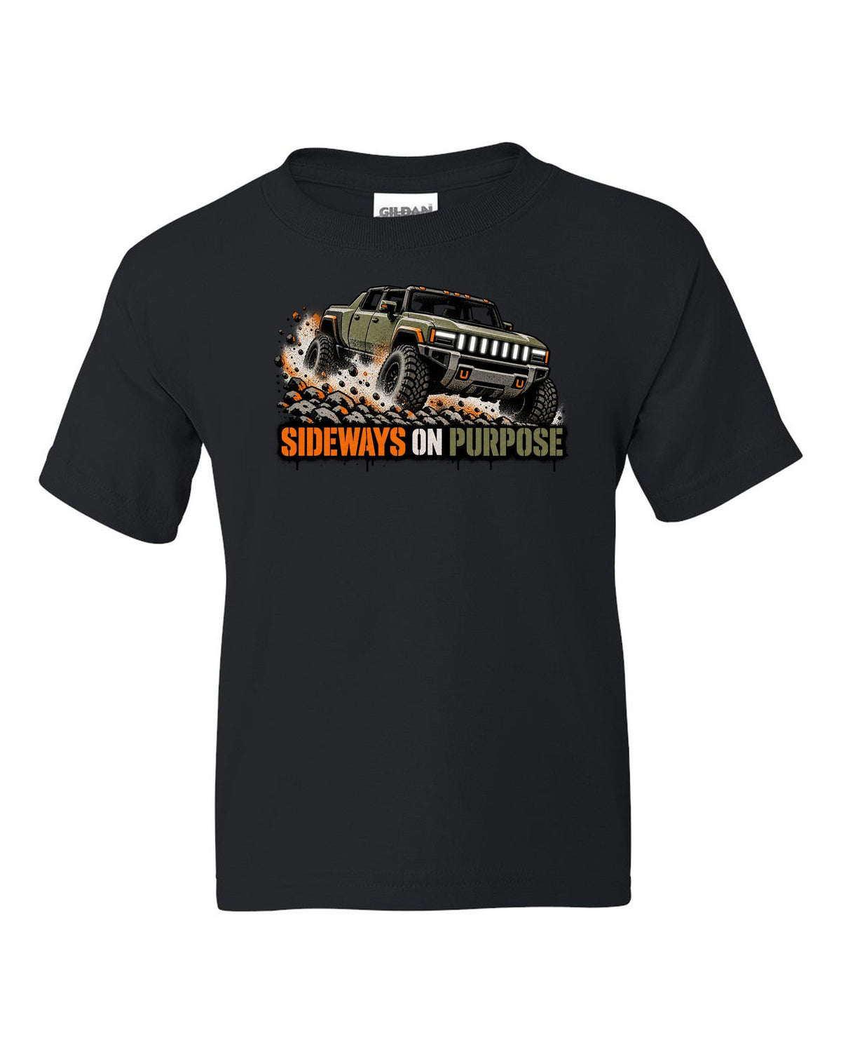 GMC Hummer EV spray stencil print with the words Sideways On Purpose black kids tee front view with the design