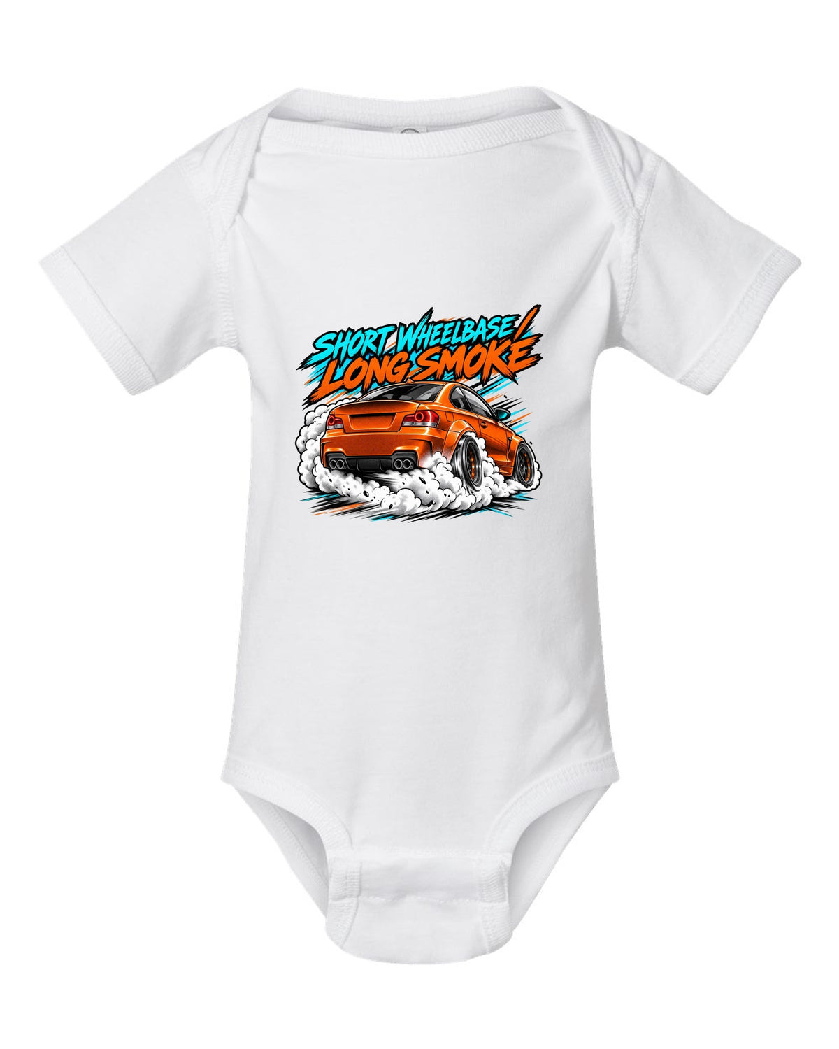 Retro manga halftone panel print of a BMW 1 Series M Coupe E82 burnout white baby onesie front view with the design