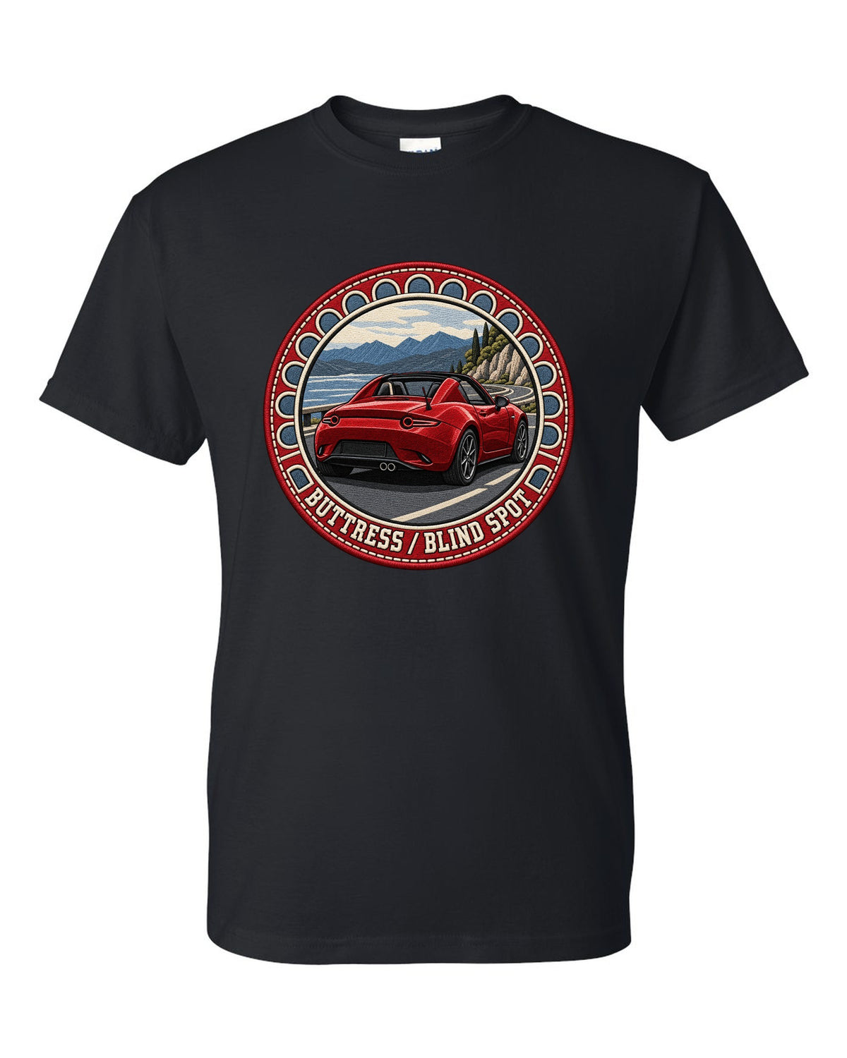 Embroidery-style roundel crest of a Mazda MX-5 ND RF fastback with blind spot text black t-shirt front view with the design