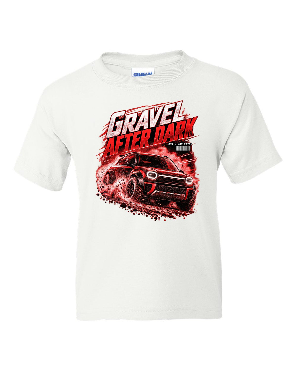 Rivian R3X hot ch with rally flares on a gravel road at night white kids tee front view with the design