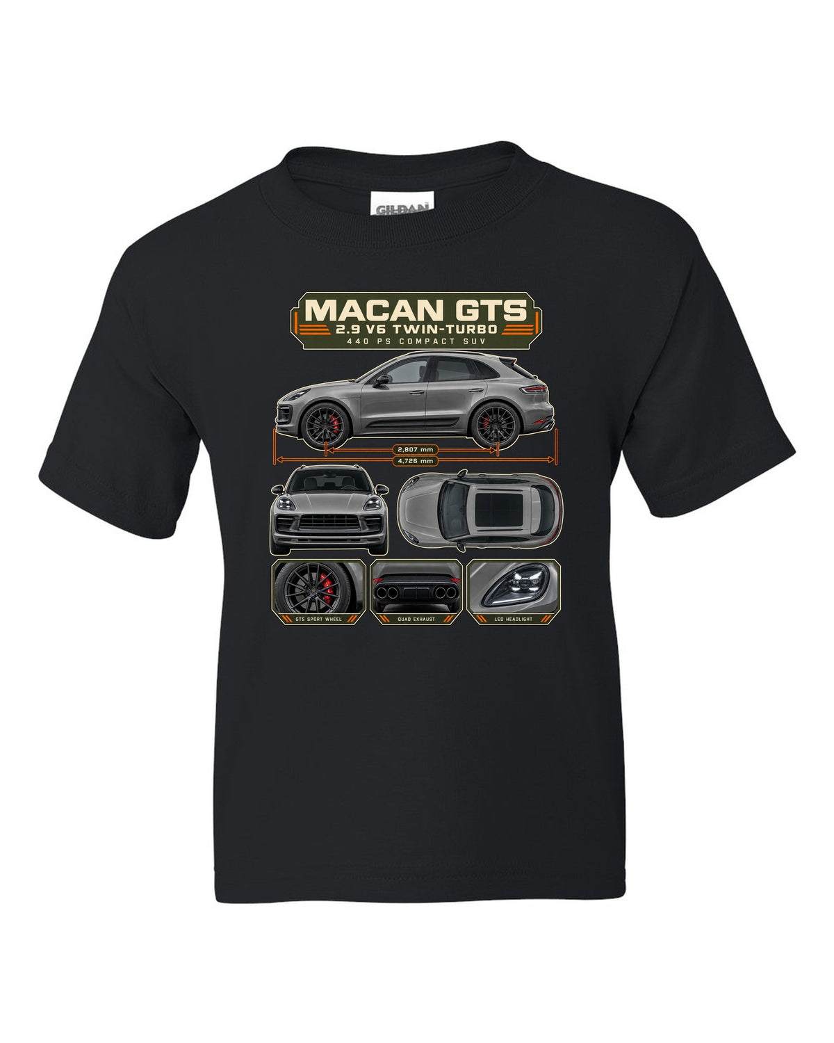 Porsche Macan GTS 95B Dossier Tee, 2.9 V6 Twin-Turbo black kids tee front view with the design