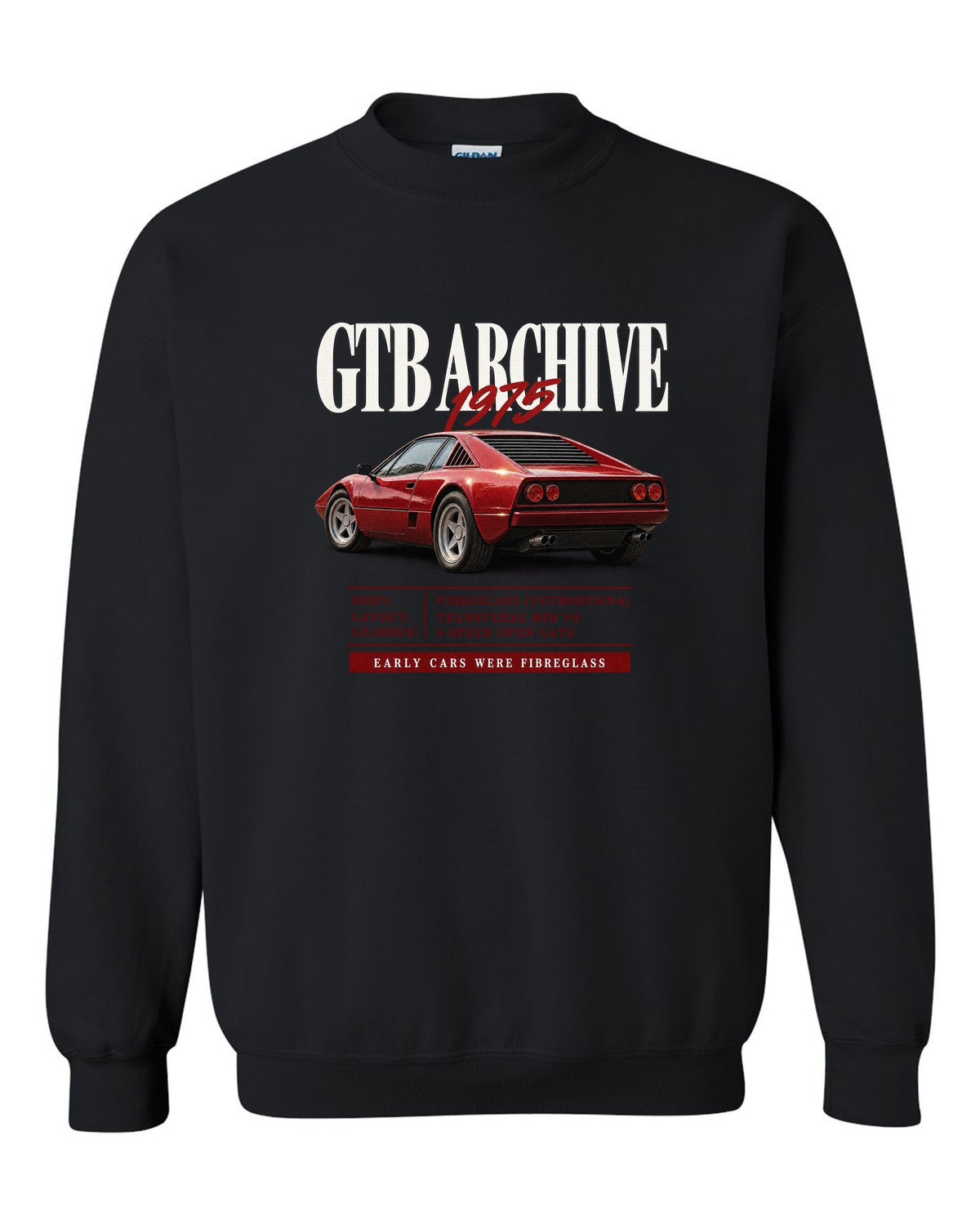 Ferrari 308 GTB 1975 archive panel print, early cars were fibreglass black crewneck front view with the design