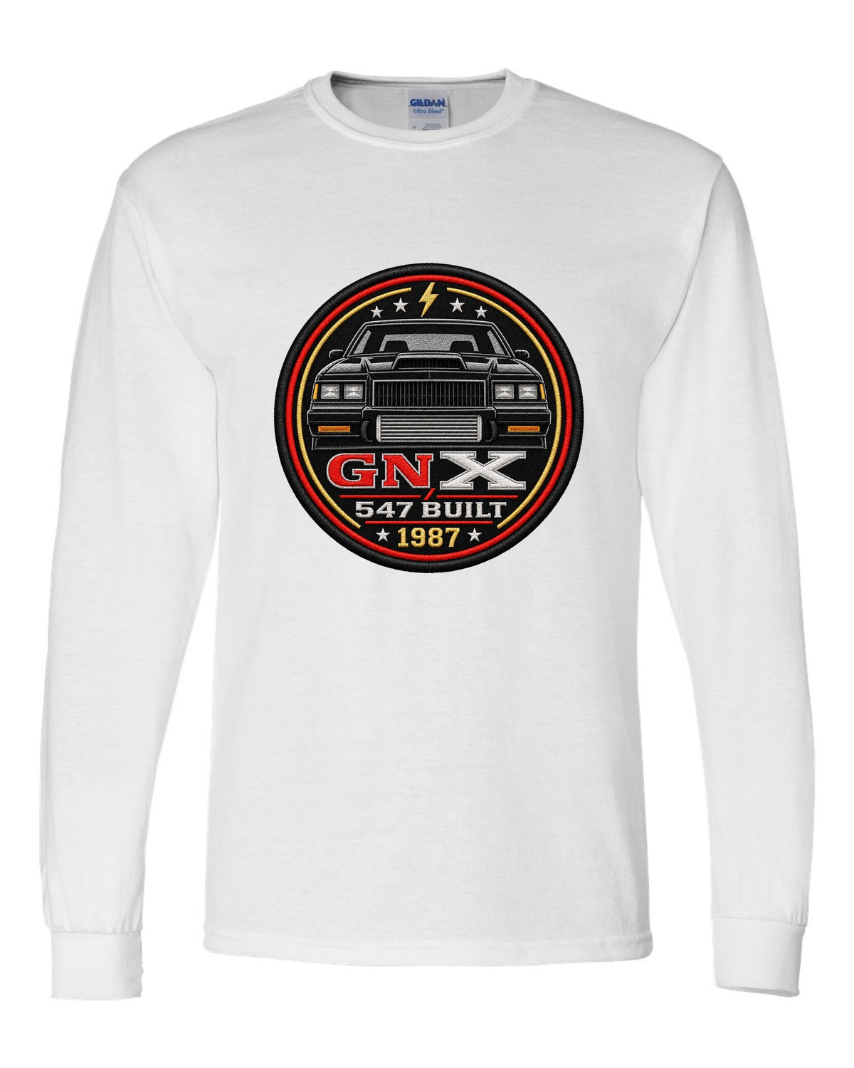 1987 Buick GNX coupe inside a round crest design with 547 built text white long sleeve front view with the design