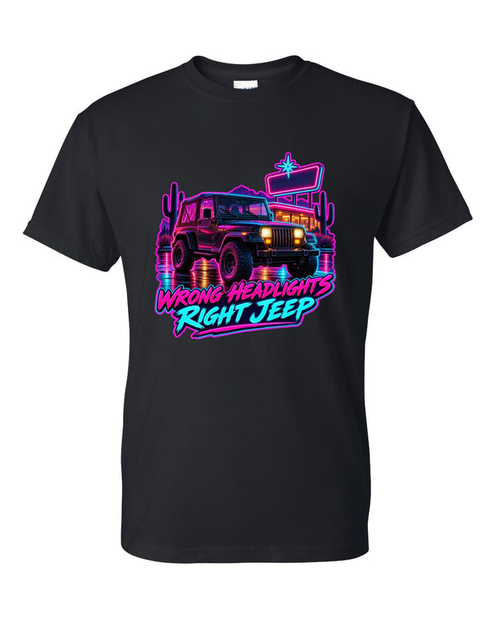 Synthwave diner scene illustration of a Jeep Wrangler YJ with WRONG HEADLIGHTS RIGHT JEEP lettering black t-shirt front view with the design