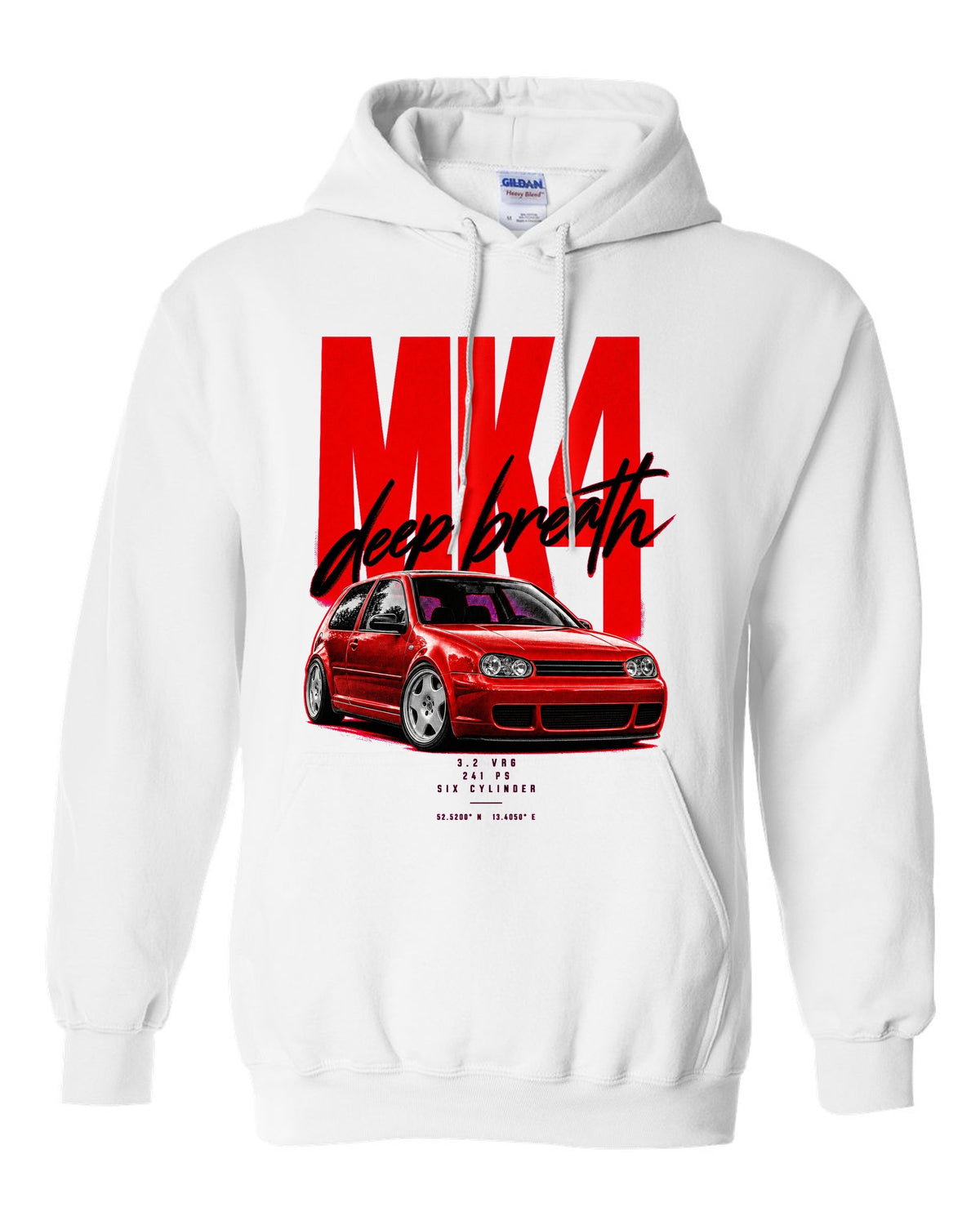 VW Golf R32 Mk4 2002 front three-quarter street poster with 241 PS text white pull over hoodie front view with the design