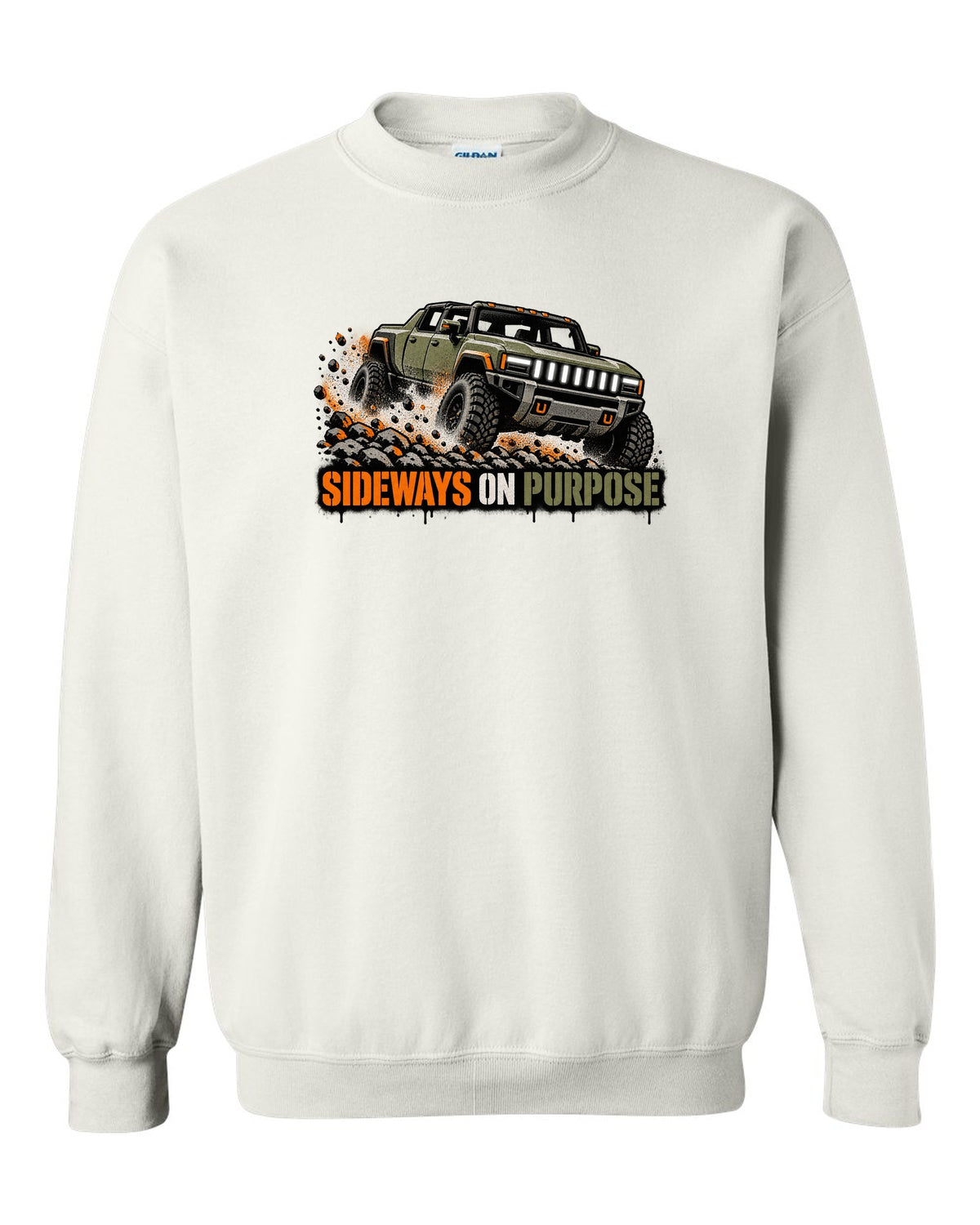 GMC Hummer EV spray stencil print with the words Sideways On Purpose white crewneck front view with the design