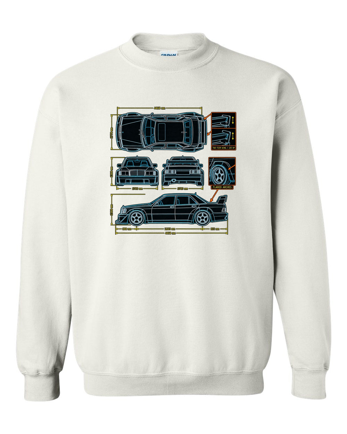Technical blueprint top-down line art print of a Mercedes-Benz 190E Evo II W201 with two-tier wing white crewneck front view with the design