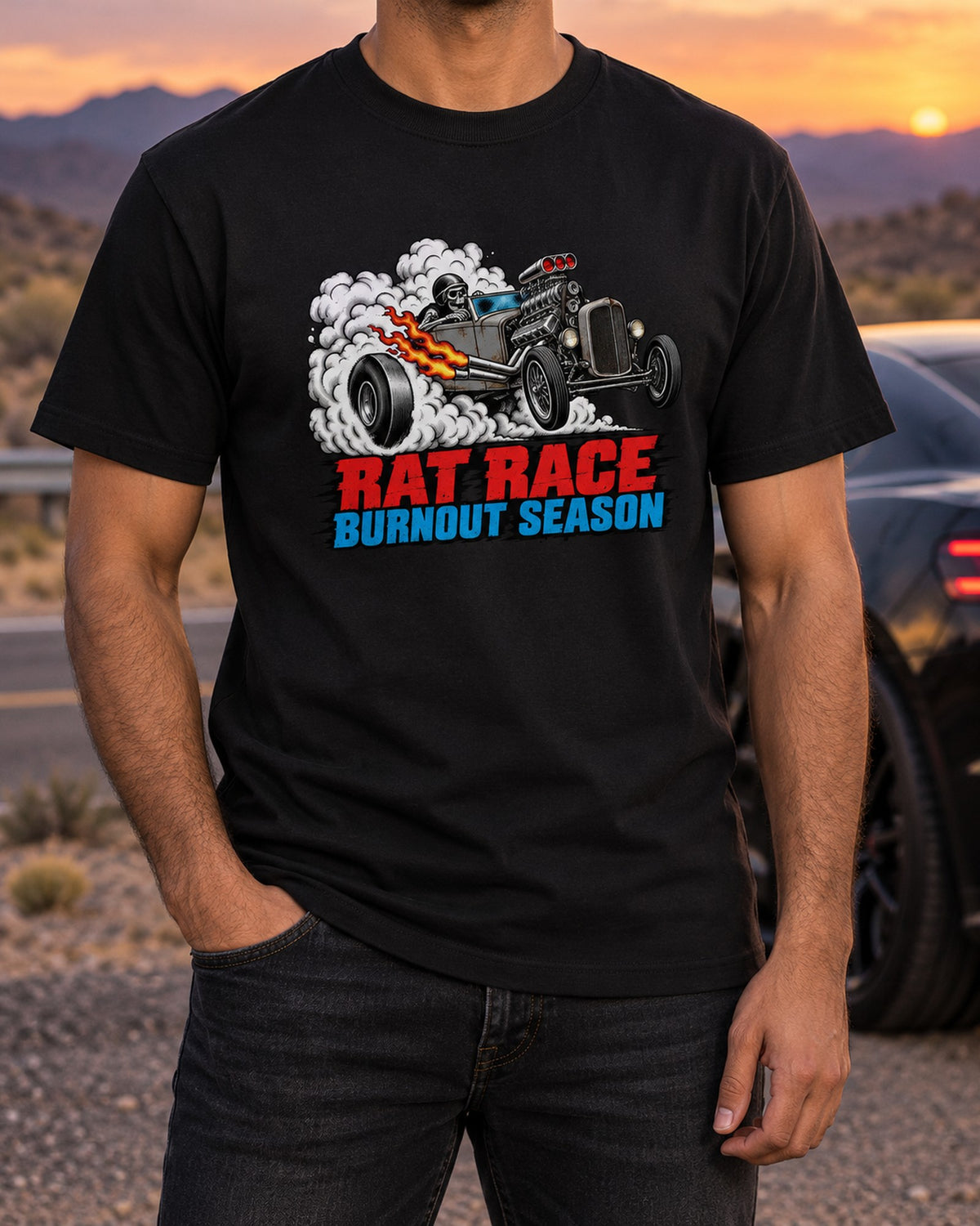 Rat Rod Roadster Burnout Season Halftone Shirt, Car Guy Tee T-Shirt Black worn hero
