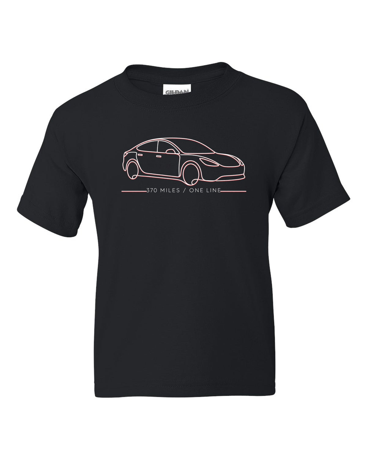 Continuous single-line contour drawing of a 2019 Tesla Model S Raven with the words 370 Miles One Line black kids tee front view with the design