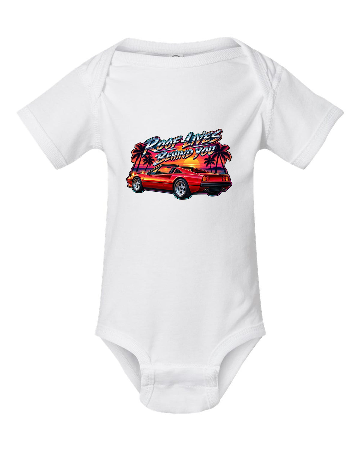 1980s airbrush style print of a Ferrari 308 GTS targa at sunset with palm trees white baby onesie front view with the design