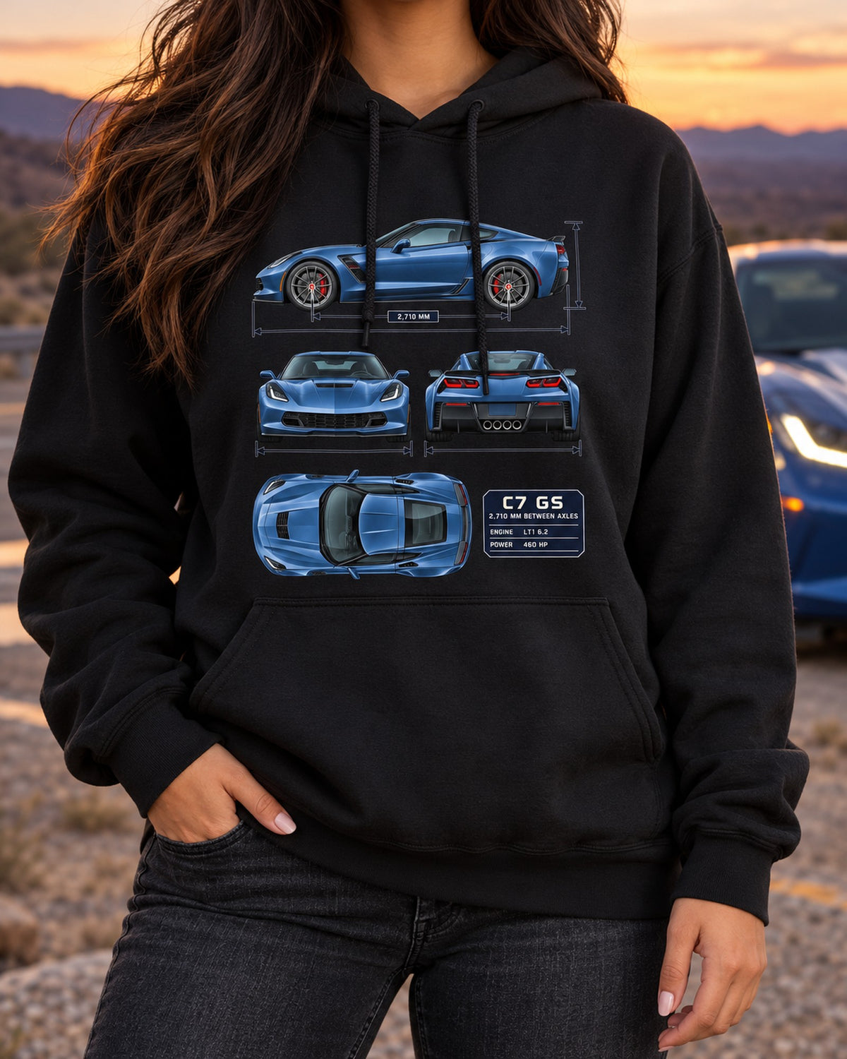 Corvette C7 Grand Sport Dimension Blueprint Tee, 2,710 mm Wheelbase Pull Over Hoodie Black worn hero