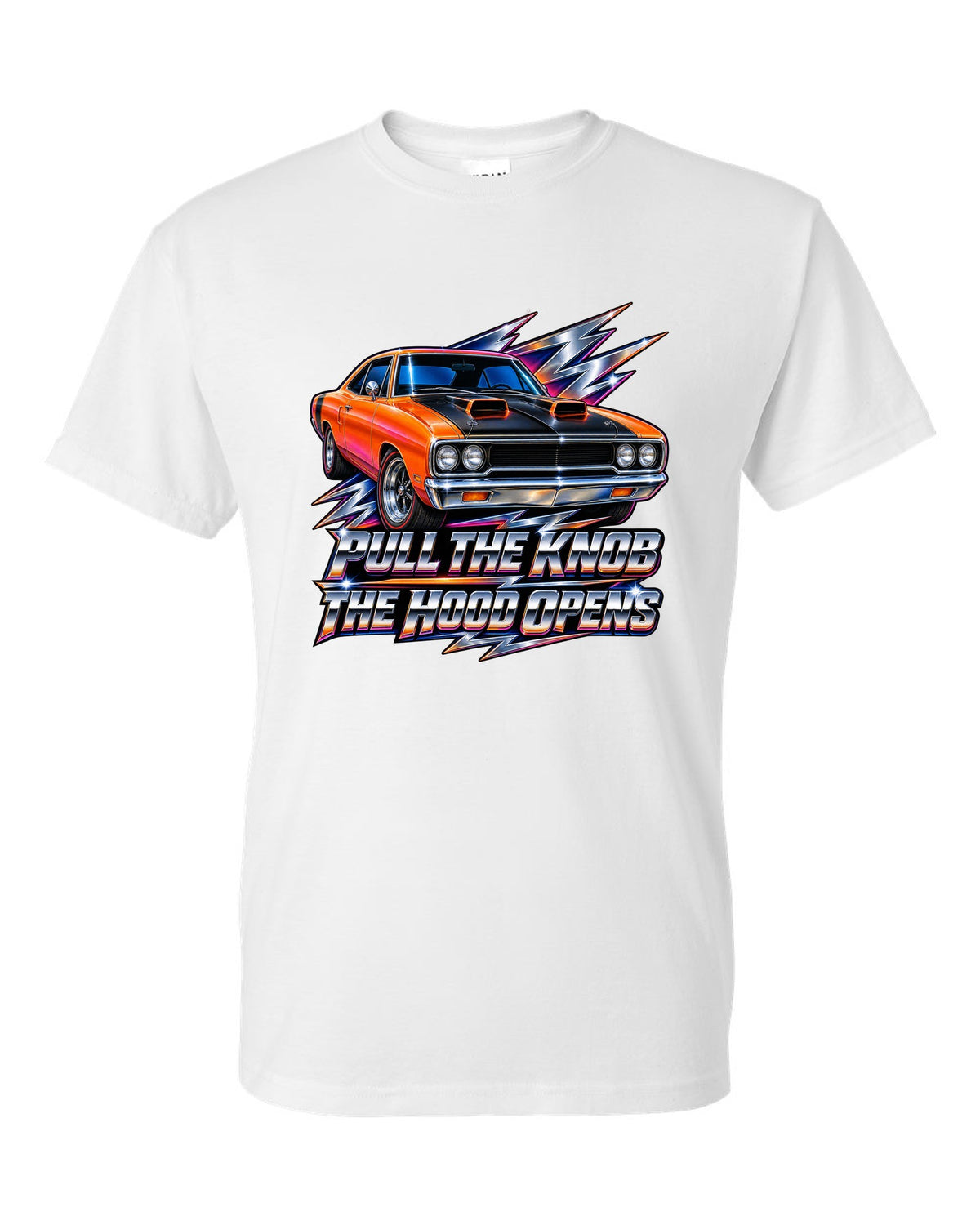 80s airbrush chrome design of a 1970 Plymouth Road Runner with pull the knob hood text white t-shirt front view with the design