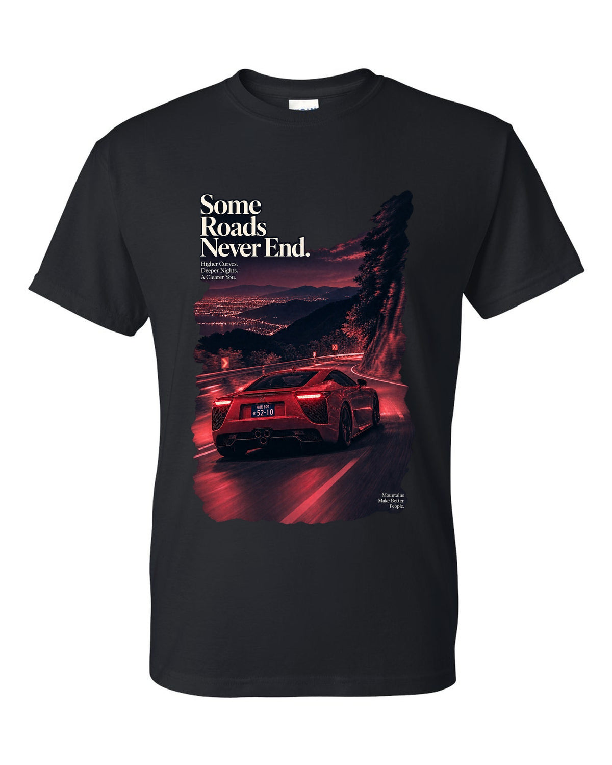 Night touge scene with the Lexus LFA in magenta-red monochrome black t-shirt front view with the design