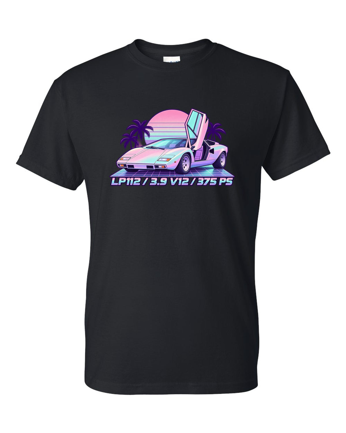 Pastel vaporwave Lamborghini Countach LP400 with LP112, 3.9 V12 and 375 PS lettering black t-shirt front view with the design