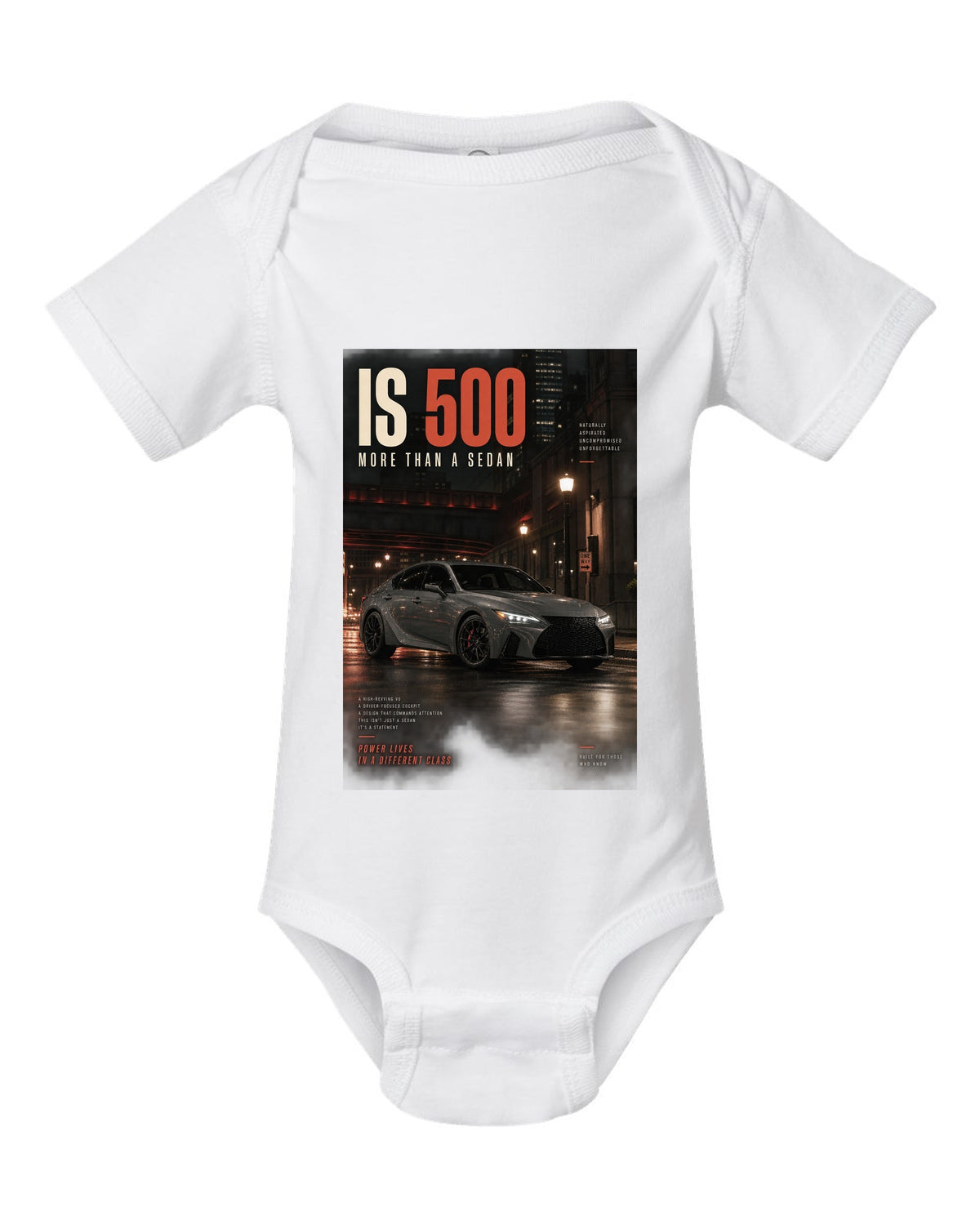 Halftone print of the Lexus IS 500 with 5.0 V8 text white baby onesie front view with the design
