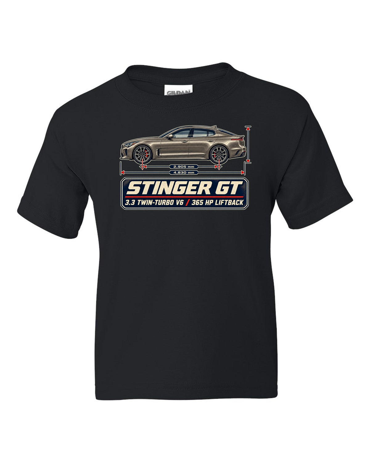 Kia Stinger GT dimension blueprint print on a shirt black kids tee front view with the design