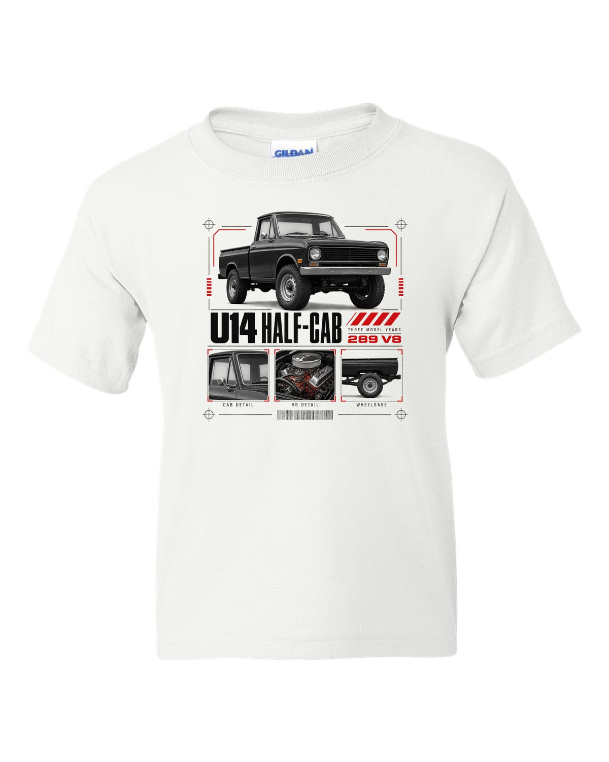 Ford Early Bronco U14 half-cab dossier panel print with 289 V8 and three model years white kids tee front view with the design