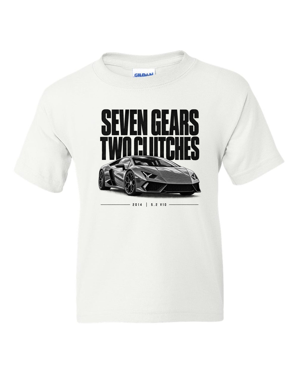 Halftone statement print of a Lamborghini Huracan LP610-4 with Seven Gears, Two Clutches text white kids tee front view with the design