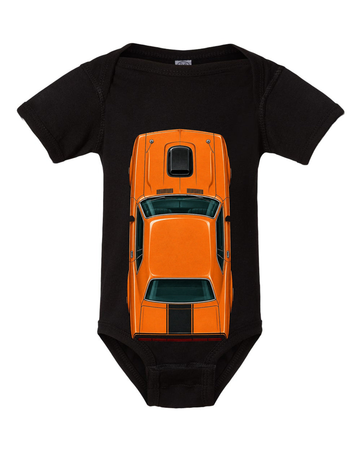 Overhead spec-sheet data plate illustration of a 1970 Dodge Challenger R/T in Go Mango black baby onesie front view with the design